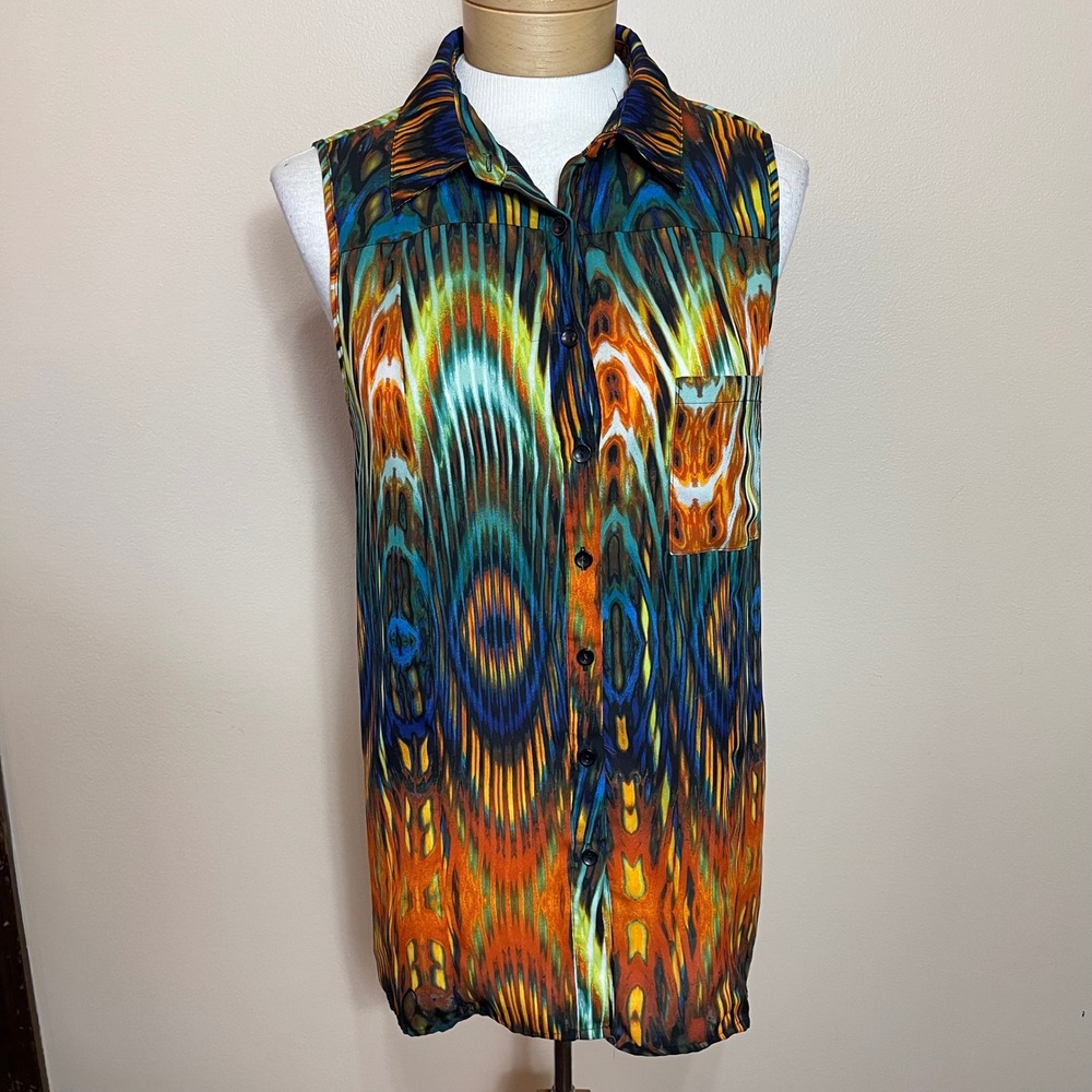 New Directions Womens Sleeveless Button Down Tunic Top Psychedelic Ikat Print M